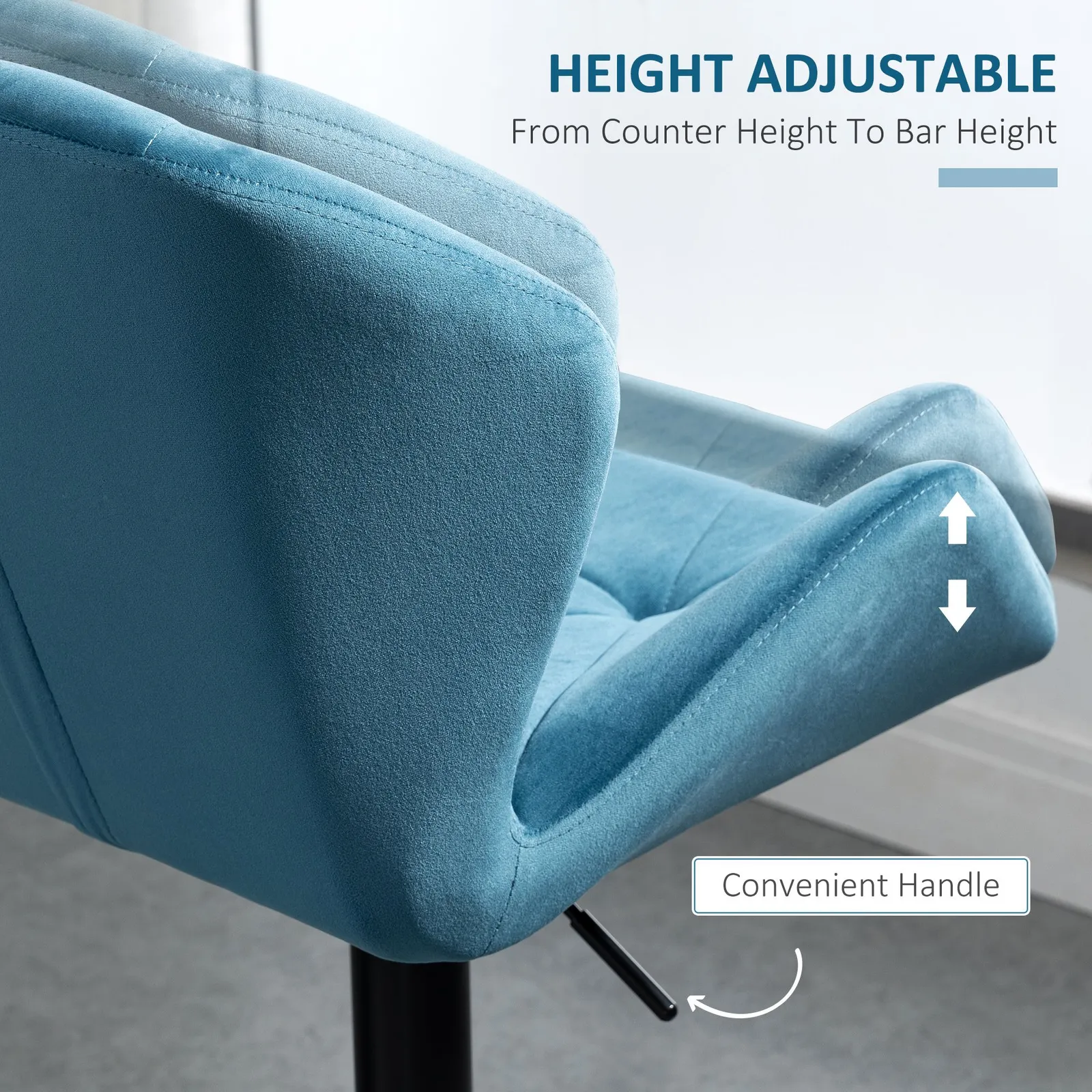 HOMCOM Of 2 Luxurious Velvet-Touch Bar Stools w/ Metal Frame Footrest Base in Blue 5