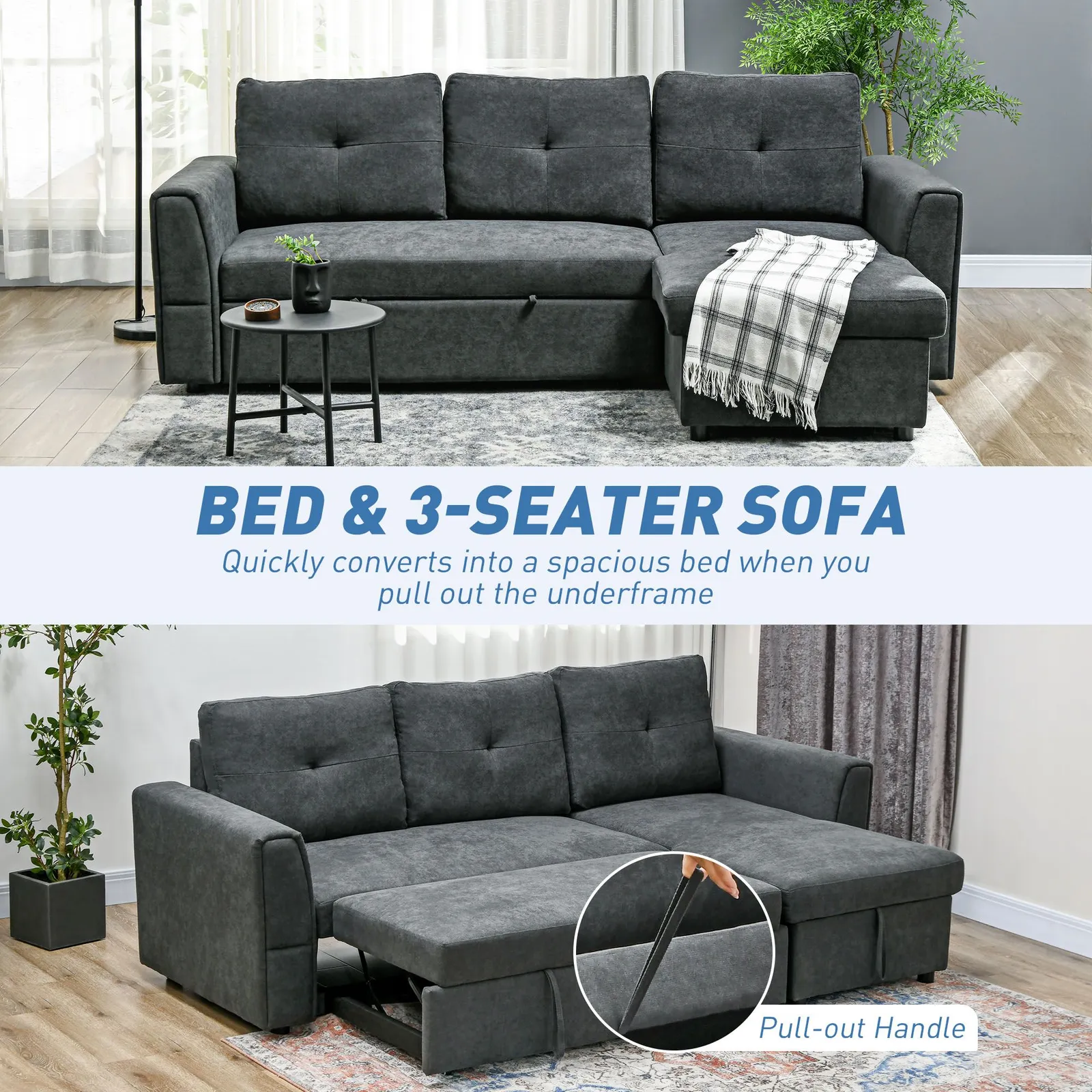 HOMCOM 3 Seater Sofa Bed, Convertible Pull Out Sofa with Storage, Dark Grey 4