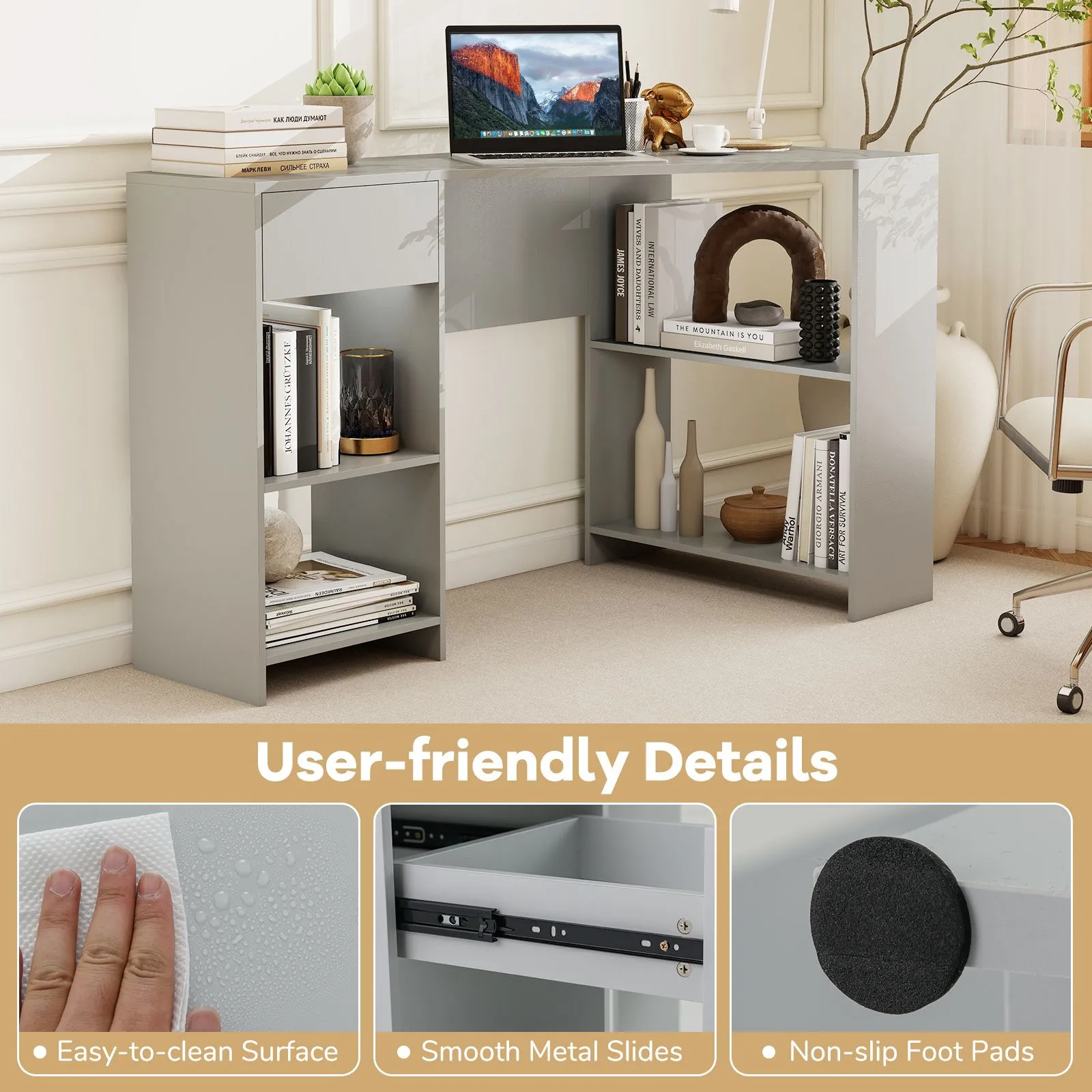 Costway L-Shaped Computer Desk Compact Corner Executive Desk w/Storage in Grey 5