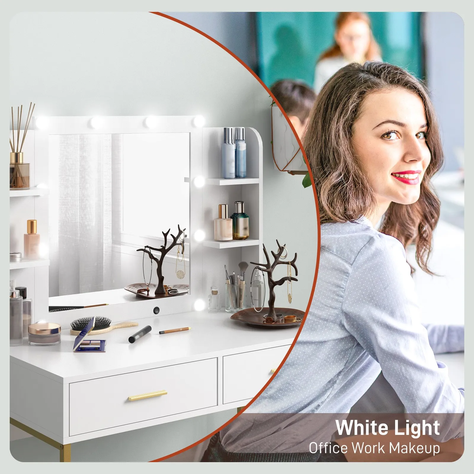 HOMCOM Makeup Vanity Desk Set with Lighted Mirror, Stool, Drawers, White 4