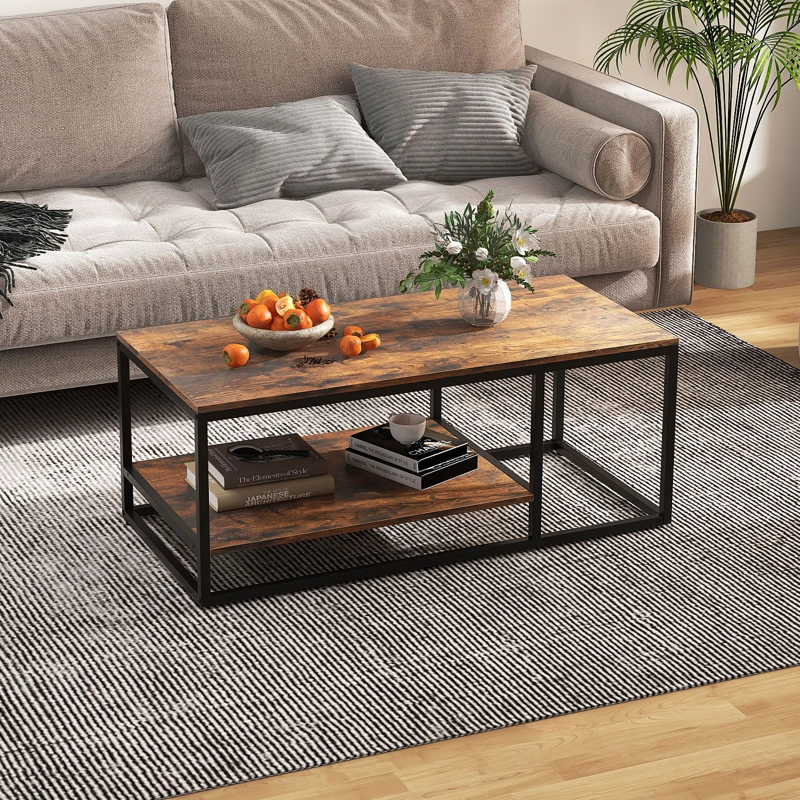 Costway 2-Tier Wooden Industrial Coffee Table 105cm Rectangle Center Table in Brown 6