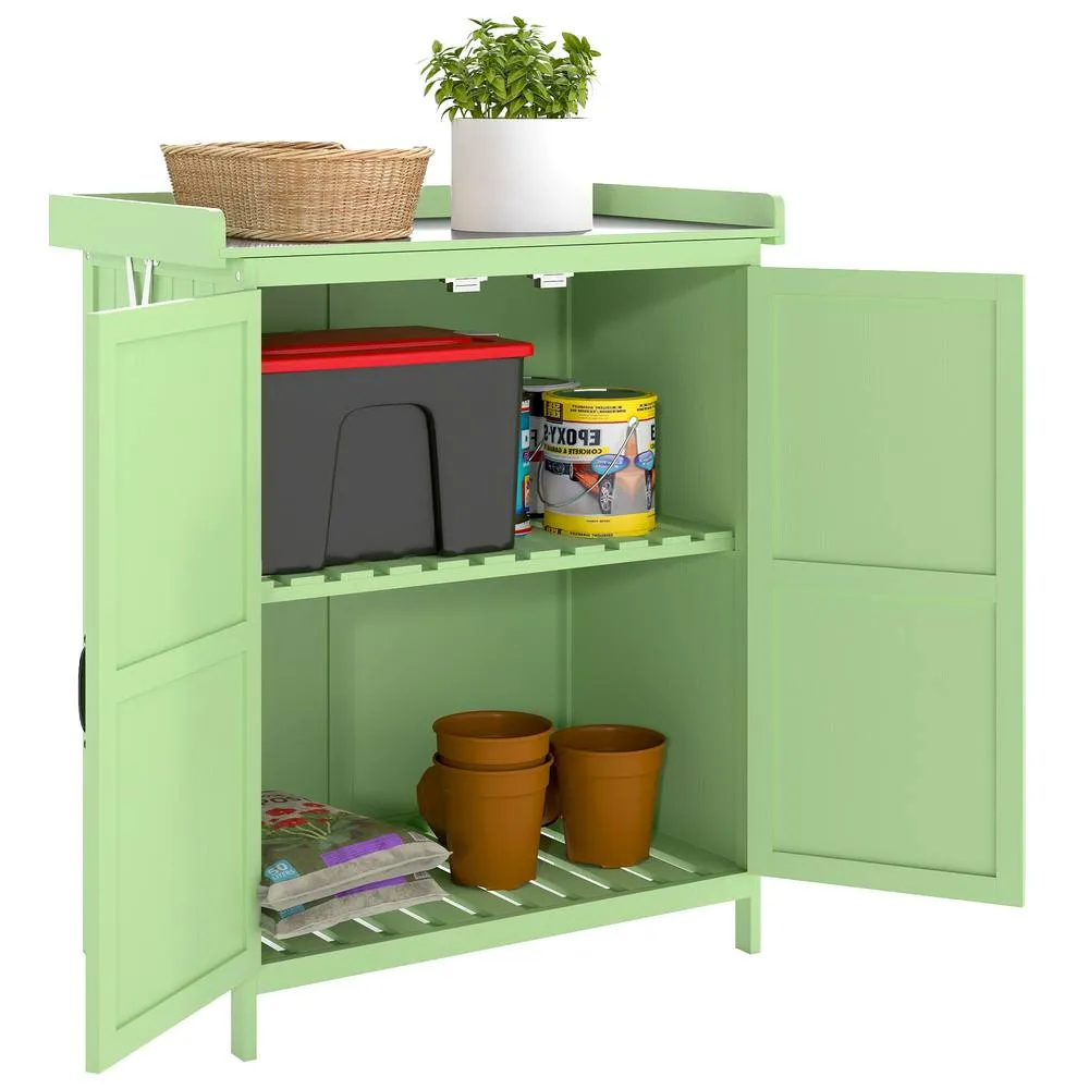 OUTSUNNY Wooden Garden Storage Shed w/Hinged Roof & Shelf, Light Green 2