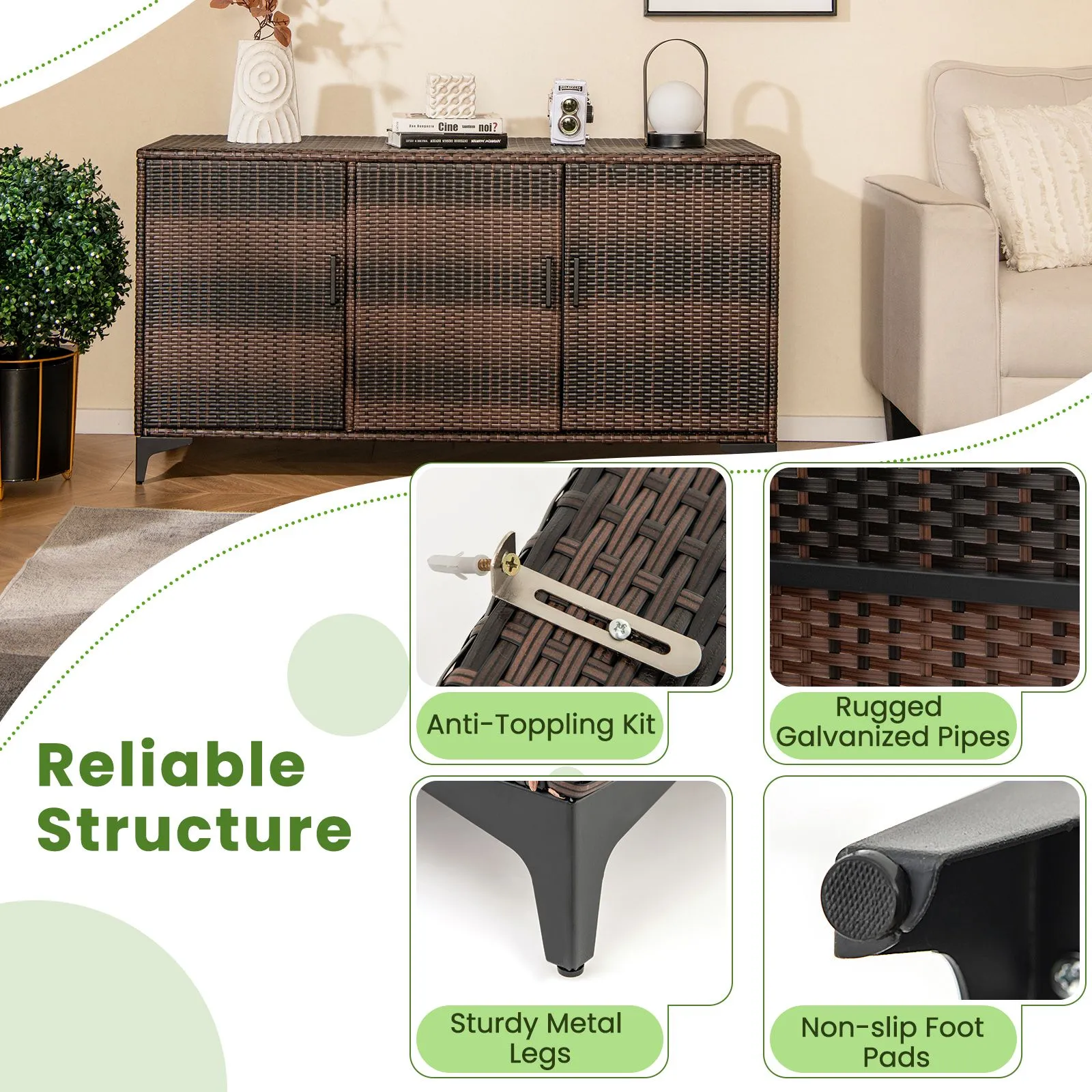 Costway 318 L Patio Wicker Storage Cabinet 3 Door Deck Box Indoor PE Rattan Storage Bin in Brown 4
