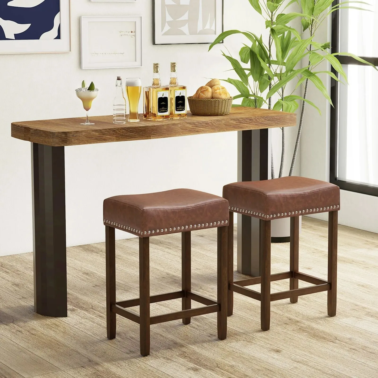 Costway Set of 2 Bar Stools Upholstered Counter Height Saddle Stools PU Leather 60cm in Brown 3