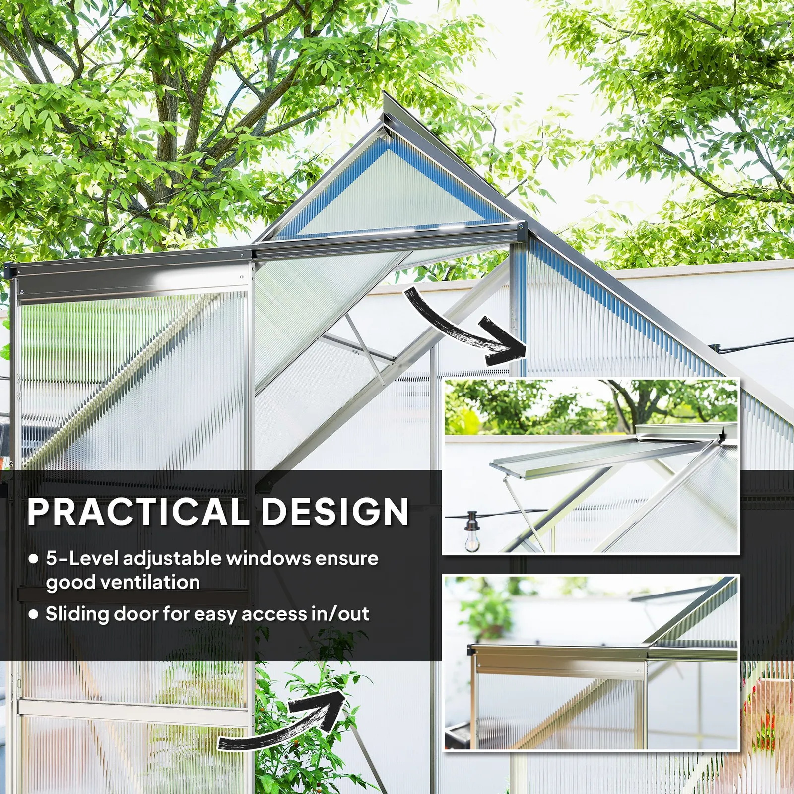 OUTSUNNY Polycarbonate Walk-in Garden Greenhouse w/ Sliding Door Silver Tone 5