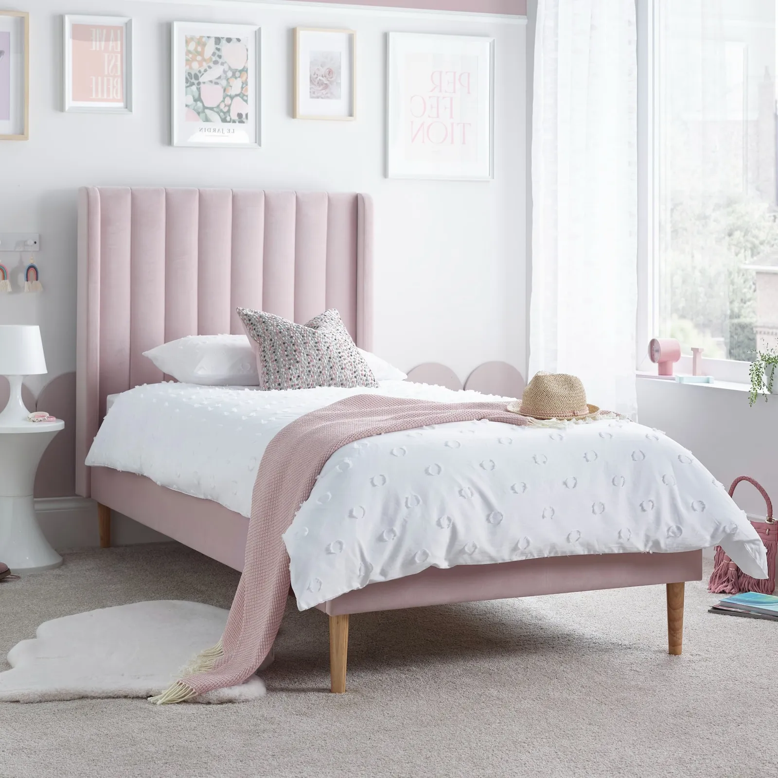 Marlow - Single - Low Foot-End Kids’ Bed - Pink - Velvet - 3ft - Happy Beds