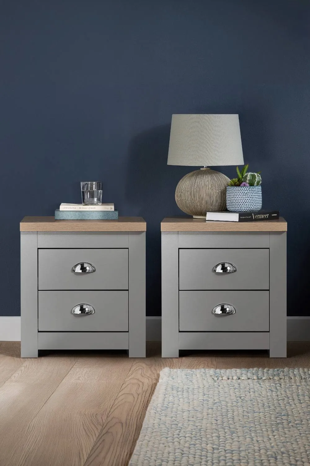 Birlea Pair of Bedside Cabinet Highgate 2 Drawer Chest Farmhouse Style Grey
