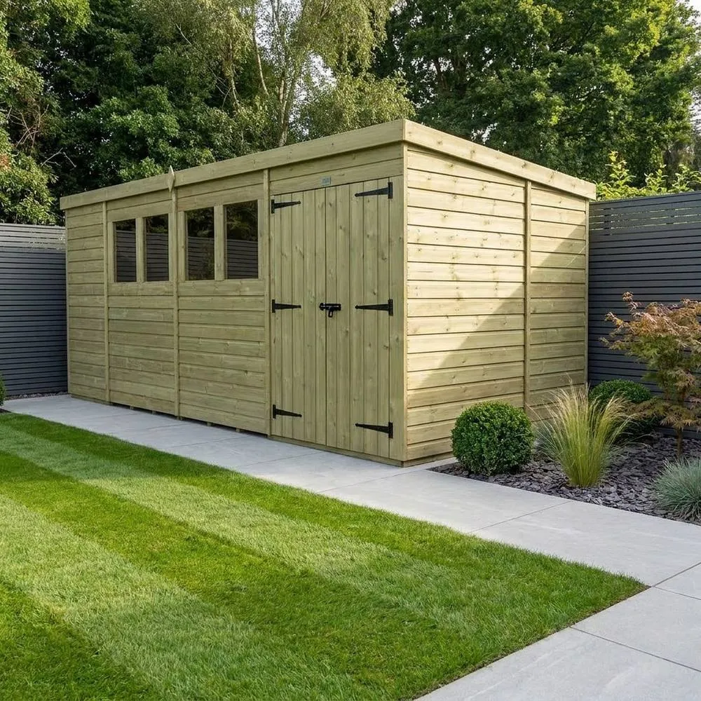 Buttercup Farm 15ft x 10ft Pent Garden Shed Double Door With Windows - Timber in Brown 2