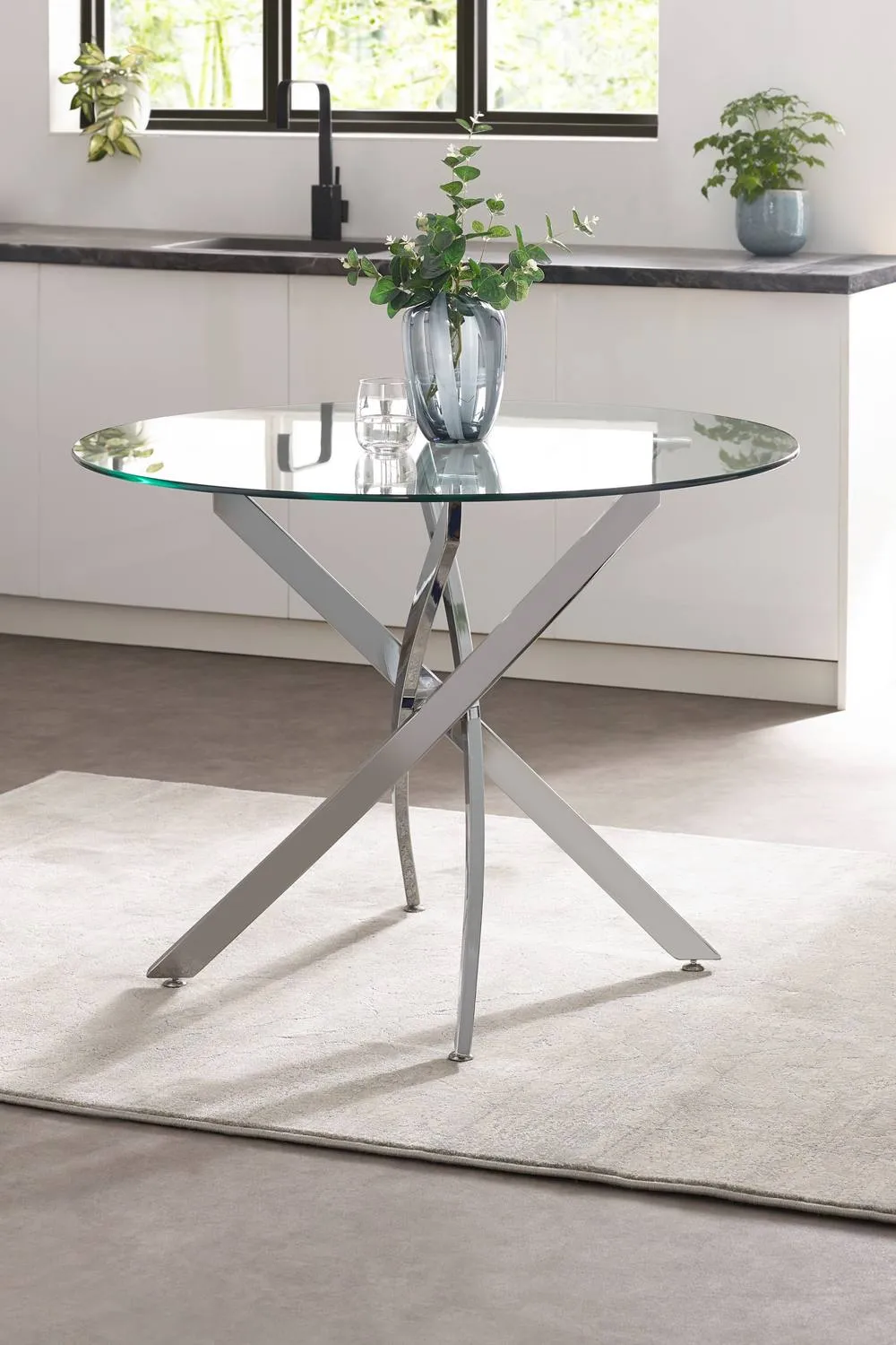 Julian Bowen Anderson Round Glass Top 4 Seater Dining Table in Silver