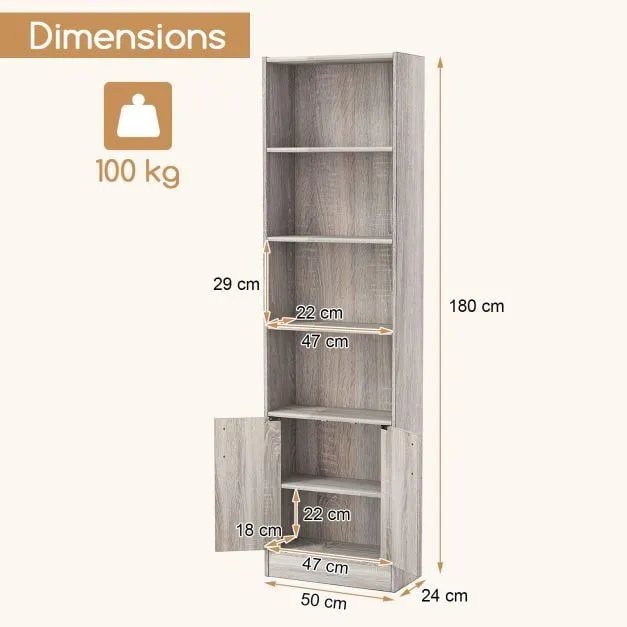 Costway 6-Tier Bookshelf 180cm Tall Bookcase w/4 Open Cubes & Double Doors Grey 3