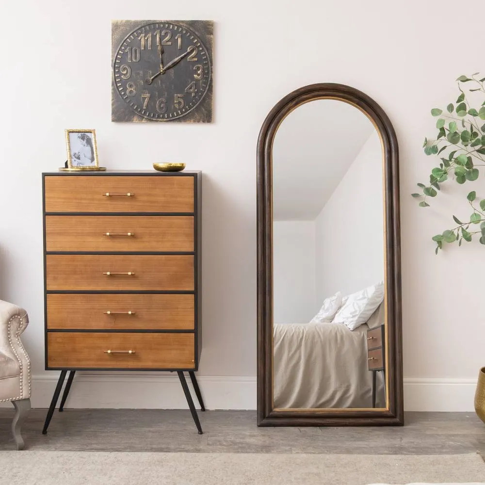 Melody Maison Large Dark Arched Wood & Gold Framed Wall & Leaner Mirror - 166cm X 70cm in Brown 6