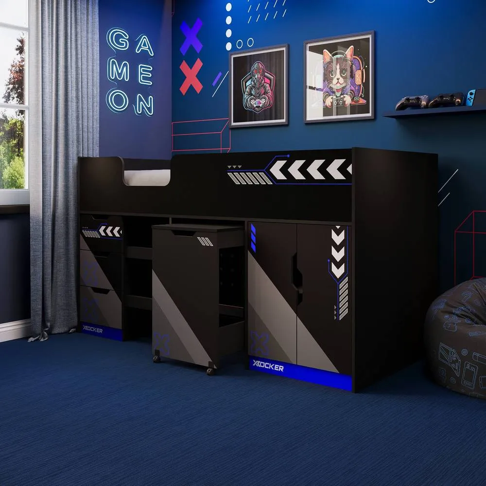 X Rocker Octane Mid Sleeper Gaming Cabin Bed Wardrobe & Pull out Desk in Blue 1