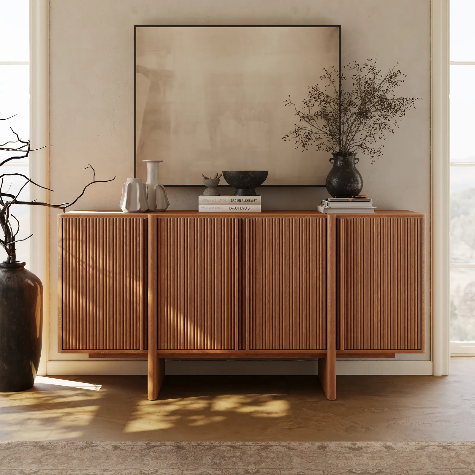 Mid-Century 164cm Walnut Wood Fluted Sideboard with Storage & Adjustable Shelves