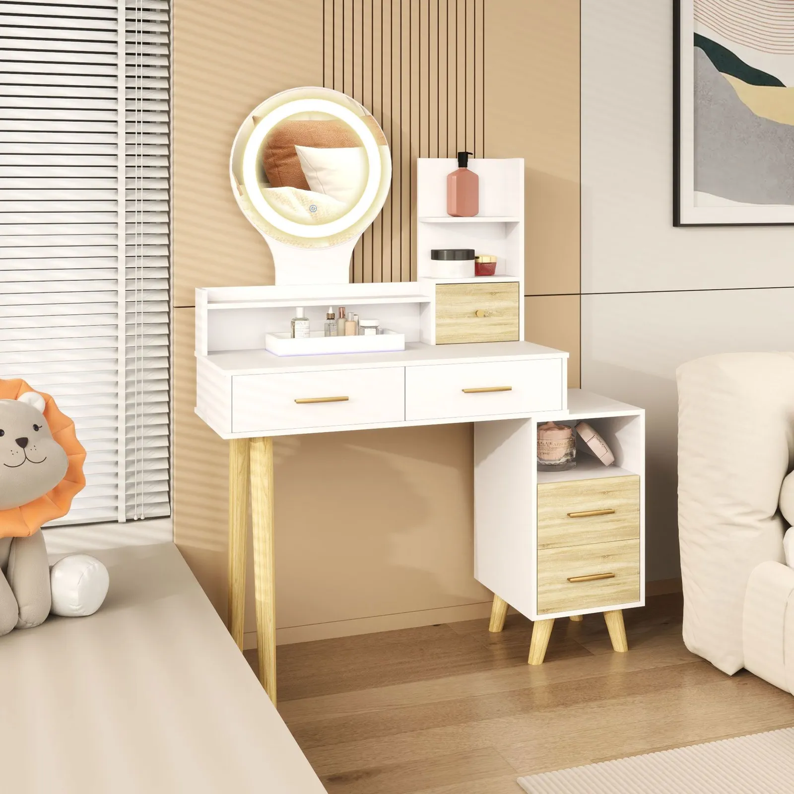 HOMCOM Dressing Table with Mirror, Vanity Table with LED Lights, White