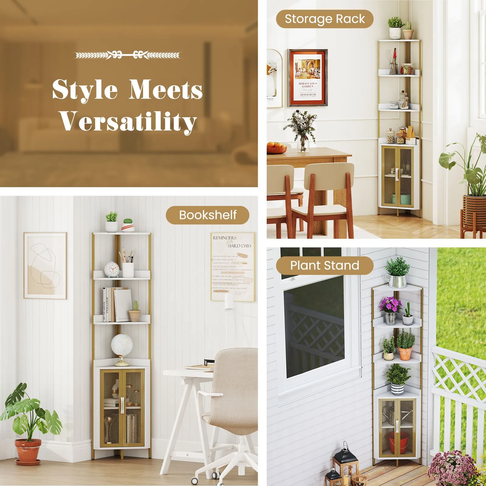 Costway 6-Tier Corner Shelf Industrial Bookcase Display Shelf w/ Cabinet in White 6