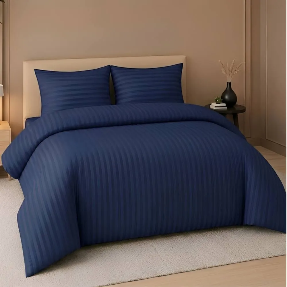 Pamposh Satin Stripes Duvet Cover Set Reversible Bedding Sets in Navy