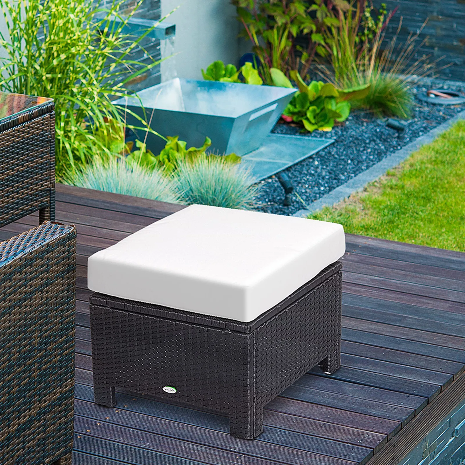 OUTSUNNY Rattan Footstool Wicker Ottoman w/ Padded Seat for Backyard Garden in Black