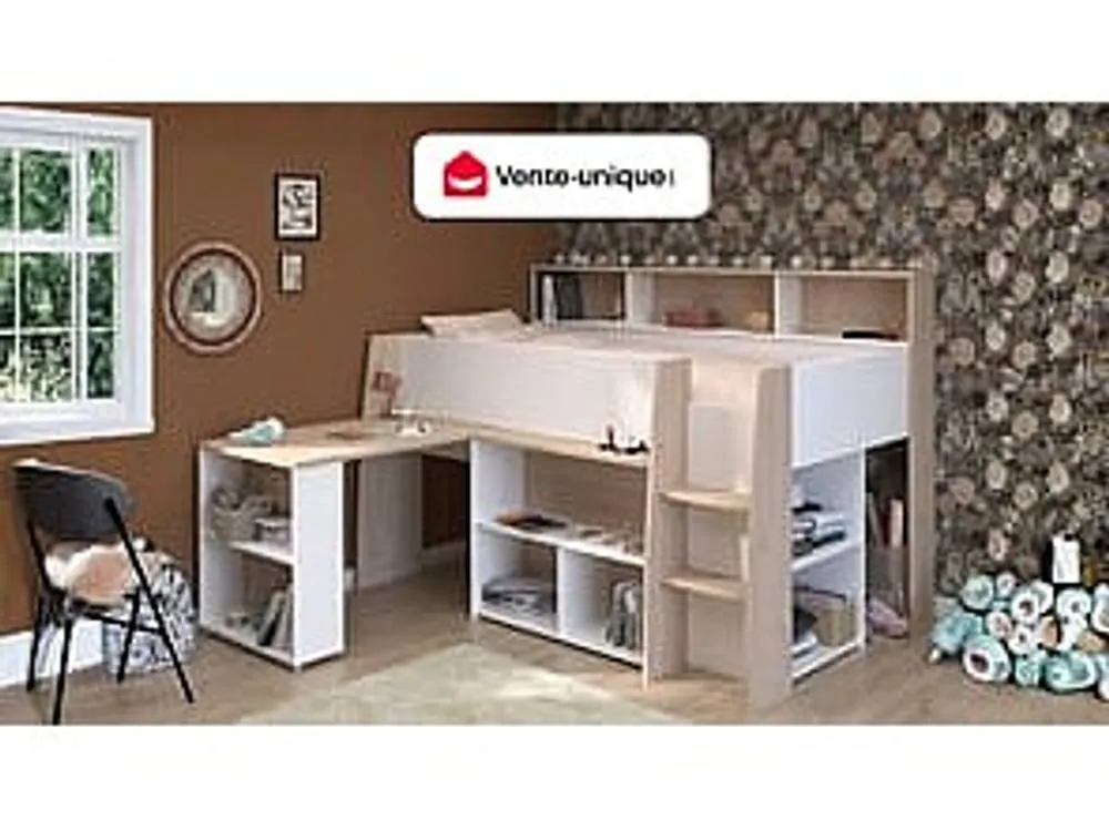 Vente-unique Combination Bed 90 X 200 Cm With Desk & Storage - White & Natural in Light Oak 4
