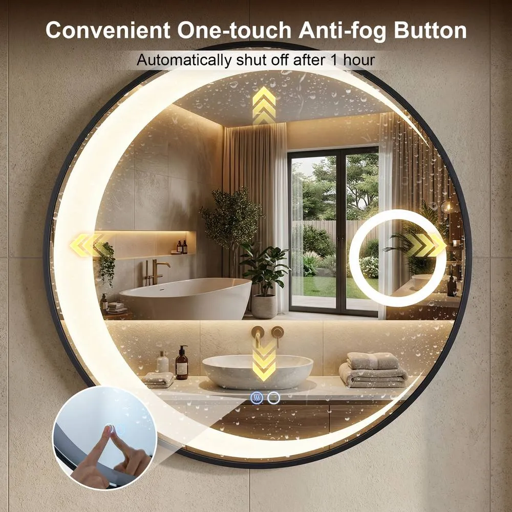 Costway 60 cm Round LED Bathroom Mirror with Anti-Fog Function in Black 3