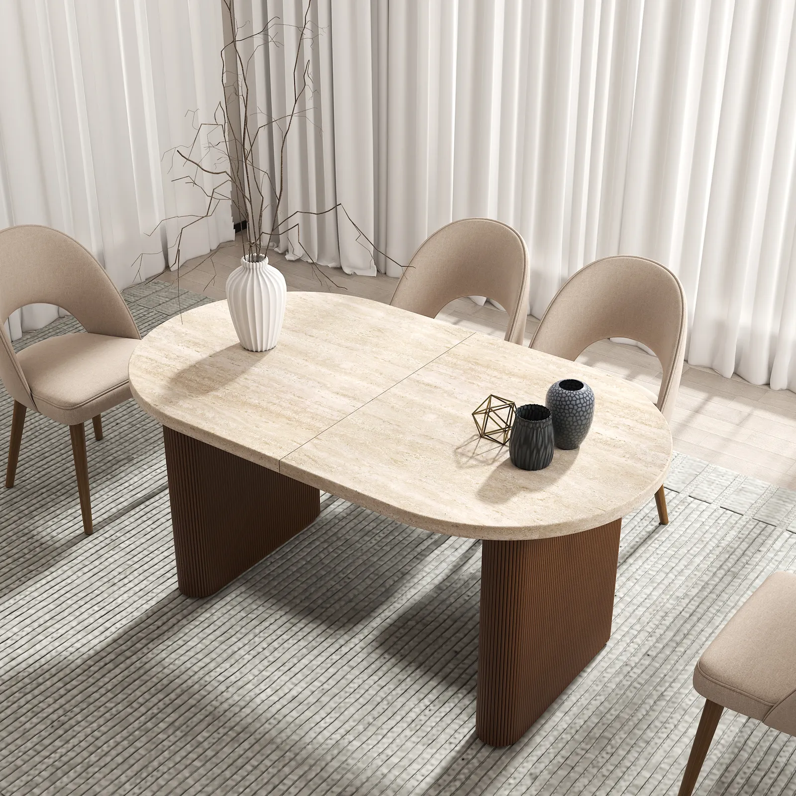 Fluve 200 - 240 cm Oval Extendable Dining Table Matt Travertine Seats 6-8 People