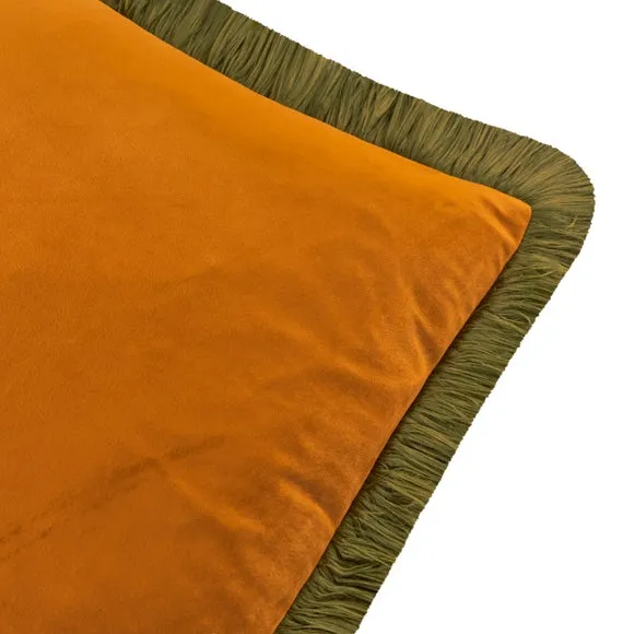 Furn Halo Fringed Velvet Cushion Ginger/Olive 50 X 50Cm, Orange 3