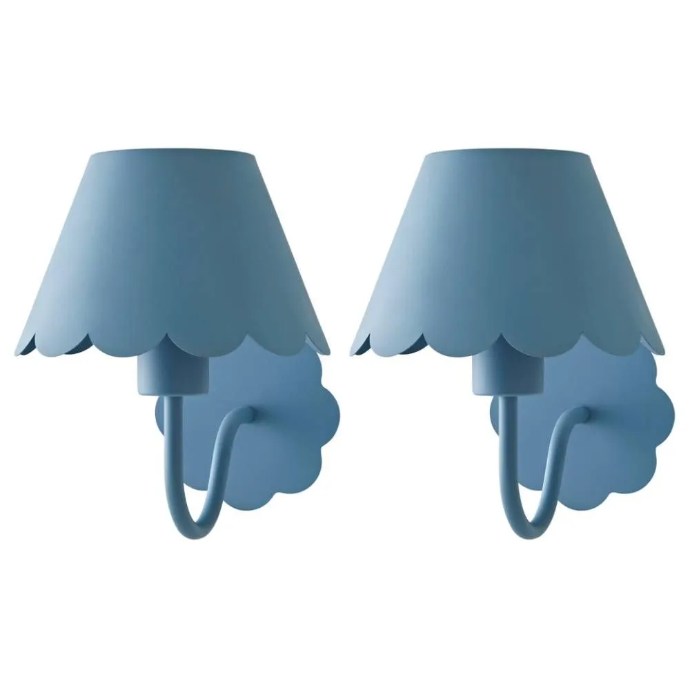 ValueLights Hattie Pair of Rechargeable Metal Scalloped Edge Wall Lights in Mid Blue