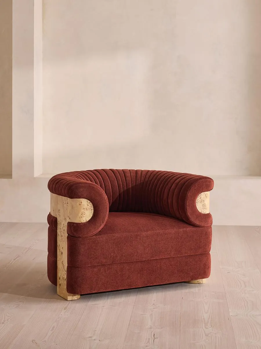 Caleb Armchair, Blonde Burl, Linen Chenille Rust