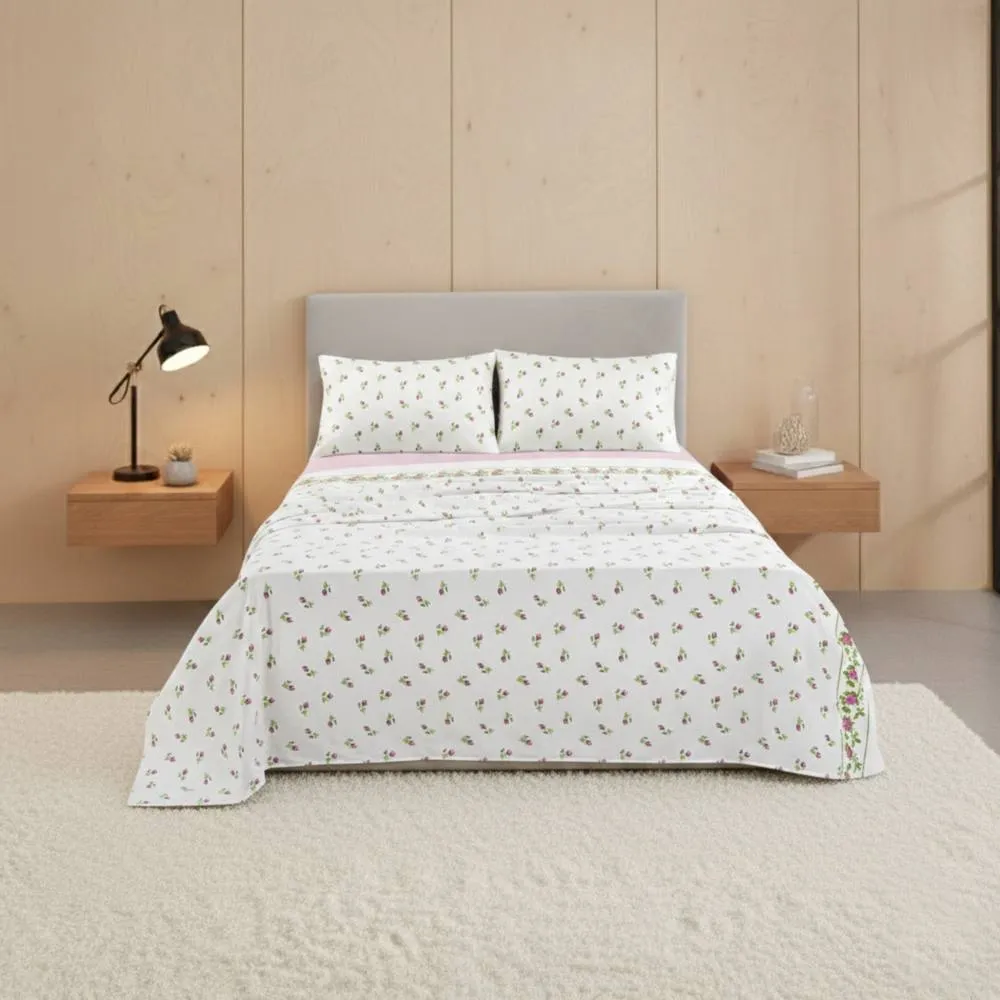 Snug City Soft Flower Print Brushed Cotton Fitted Flat Sheet Matching Pillowcase in Pink