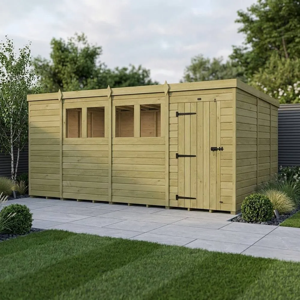 Buttercup Farm 15ft x 9ft Pent Garden Shed Single Door With Windows - Timber in Brown 2