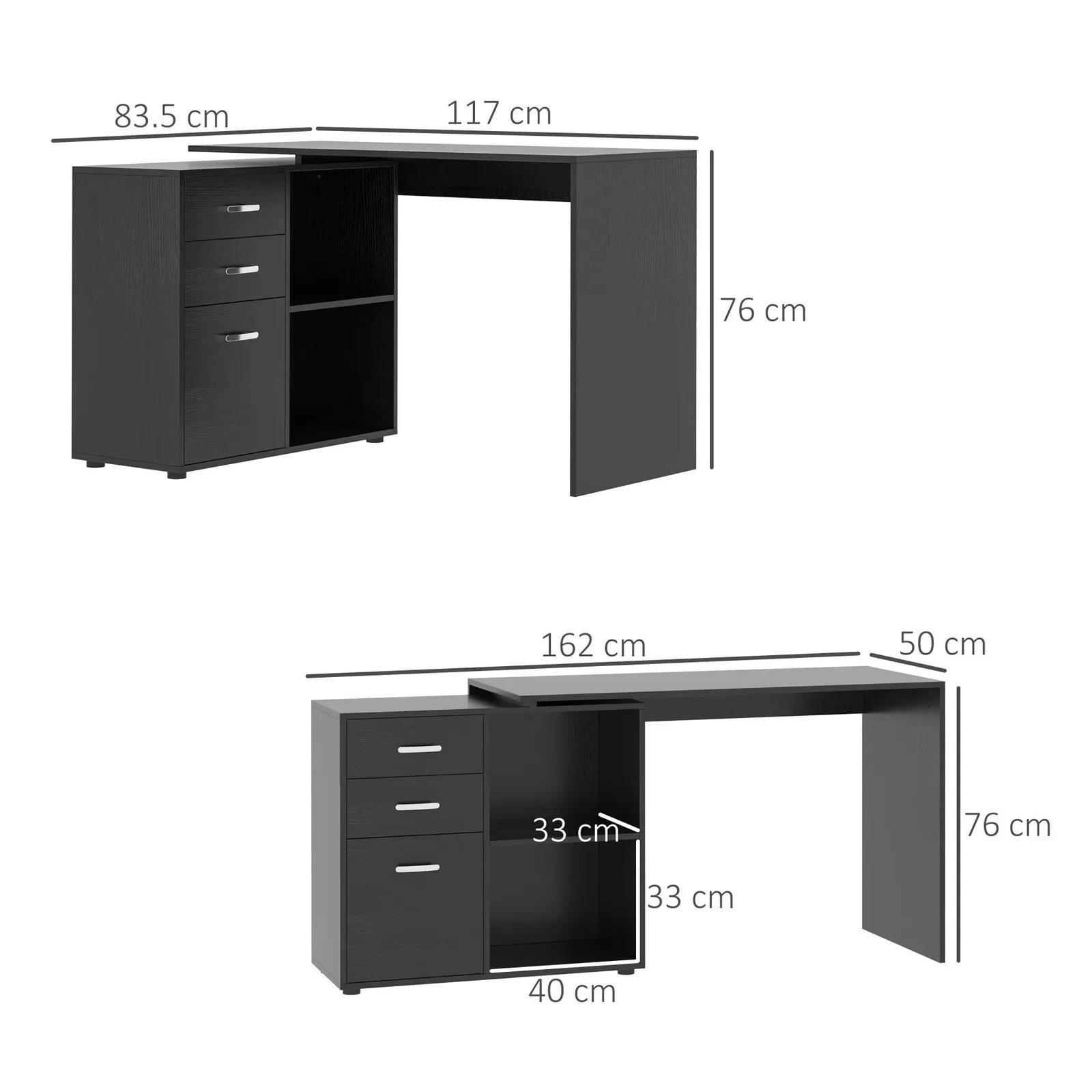 HOMCOM Computer Desk Table Workstation L Shape Drawer Shelf File Cabinet in Black 3