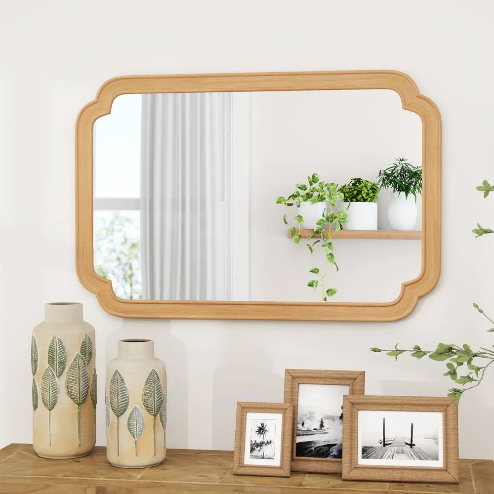 Costway Rounded Corner Arch Wall Mirror 90x60 cm Farmhouse Decorative Mirror in Brown 5