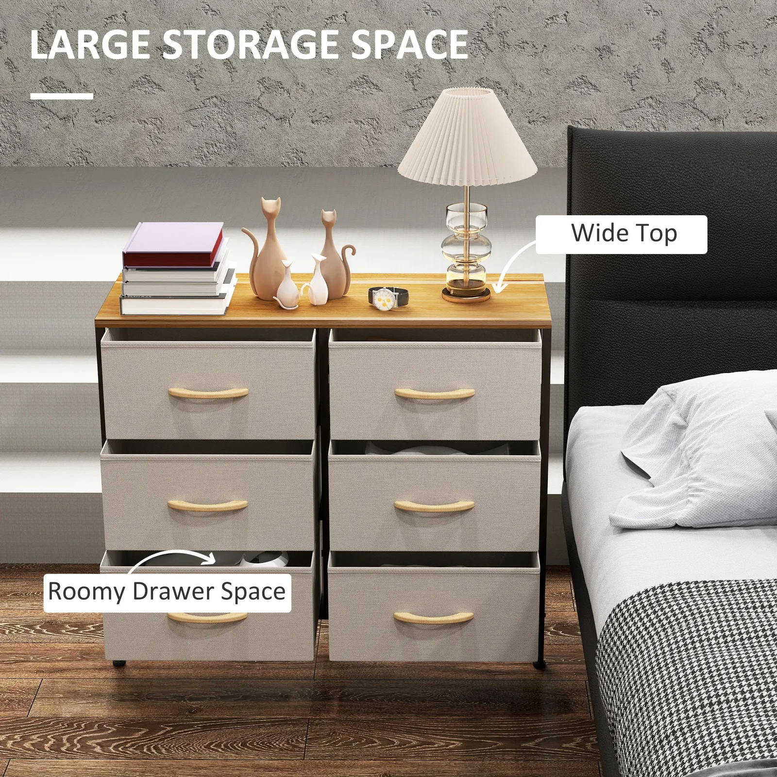 HOMCOM 6 Drawer Fabric Chest of Drawers w/ Wooden Top for Hallway Cream in Off-White 4