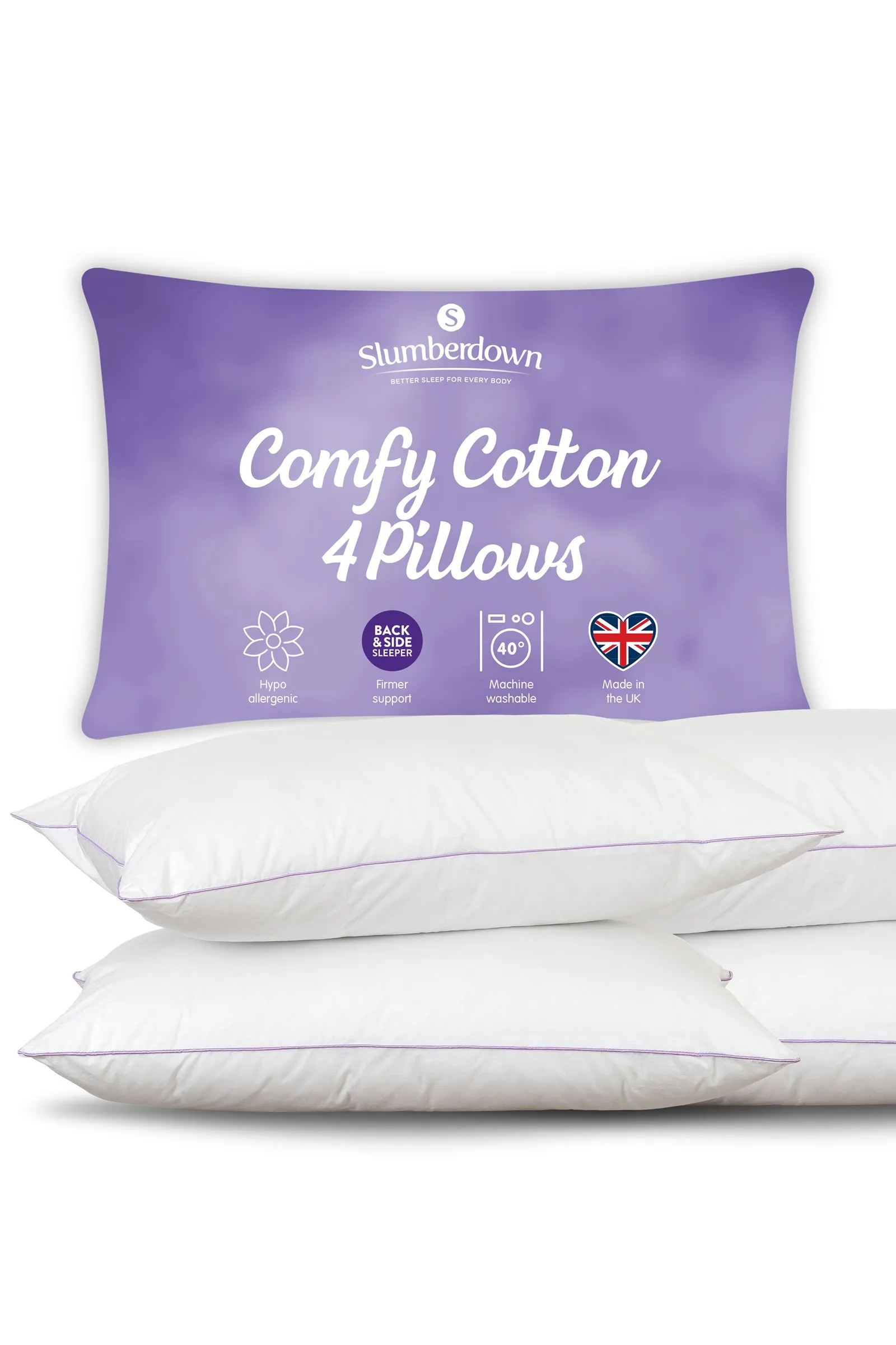Slumberdown Comfy Cotton Pillow, Firm Support, 4 Pack in White