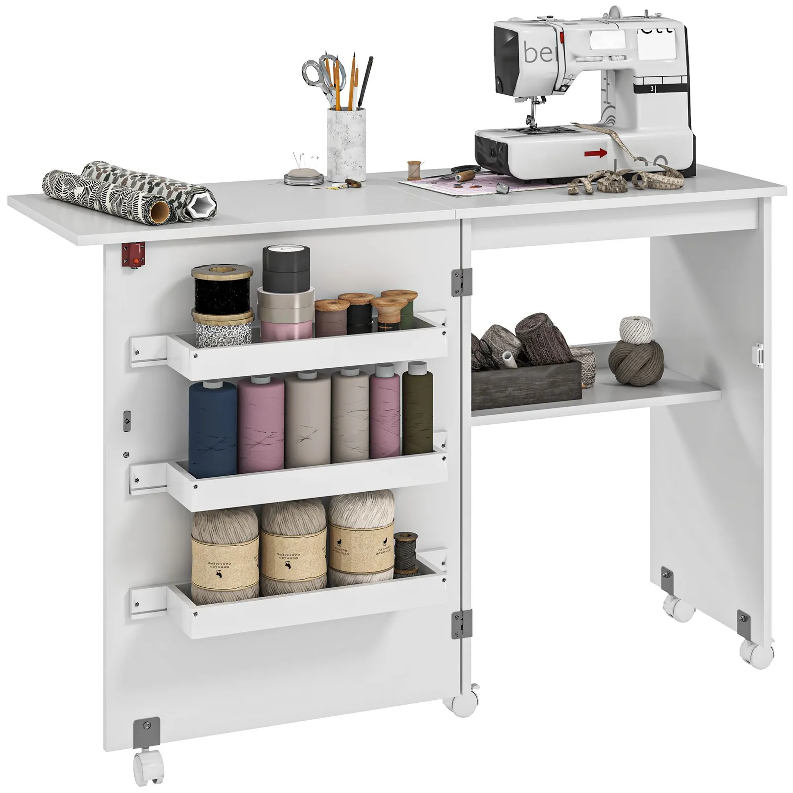 HOMCOM Folding Sewing Table Rolling Craft Table with Drop Leaf Wheels White 2