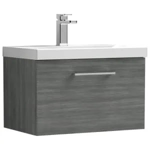 Nuie Arno Anthracite Woodgrain Wall Hung 1 Drawer Vanity Unit & Basin - 390 x 610mm
