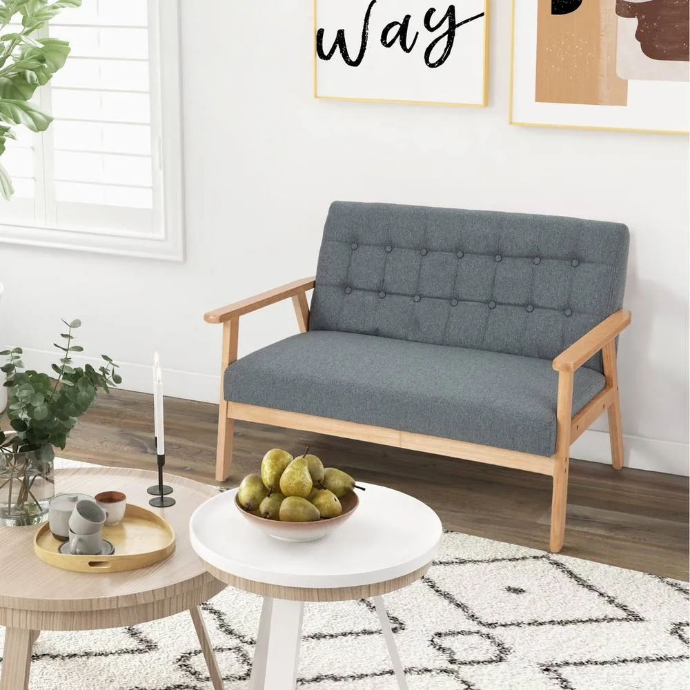 Costway Linen Loveseat Sofa 2-seat Cushioned Couch with Rubber Wood Frame-Grey in Grey