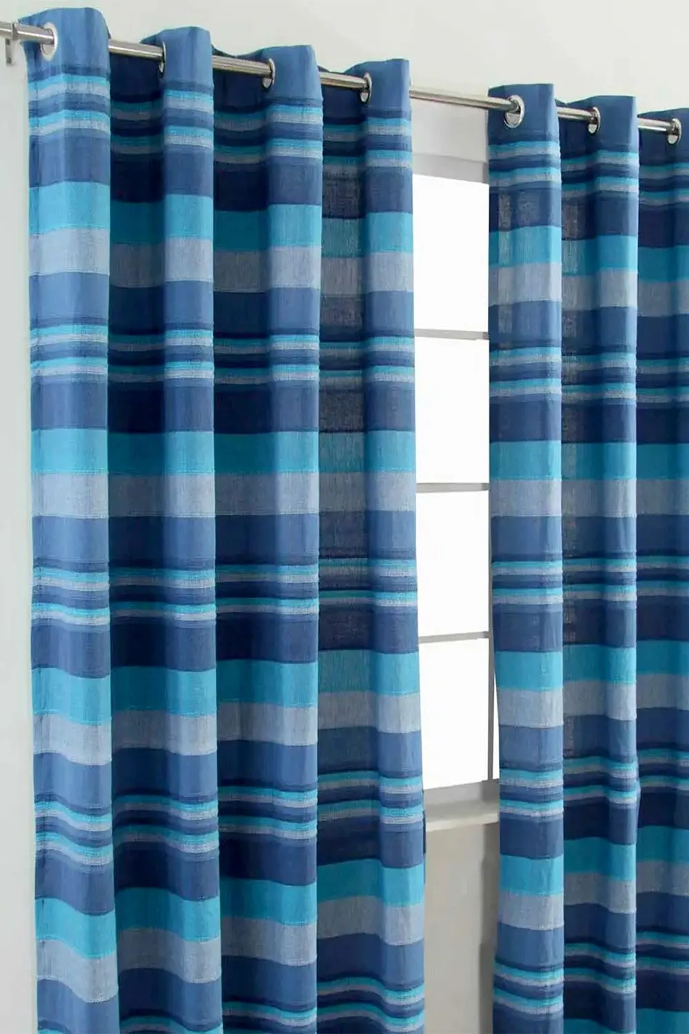 Homescapes Cotton Morocco Striped Curtain Pair in Blue 2