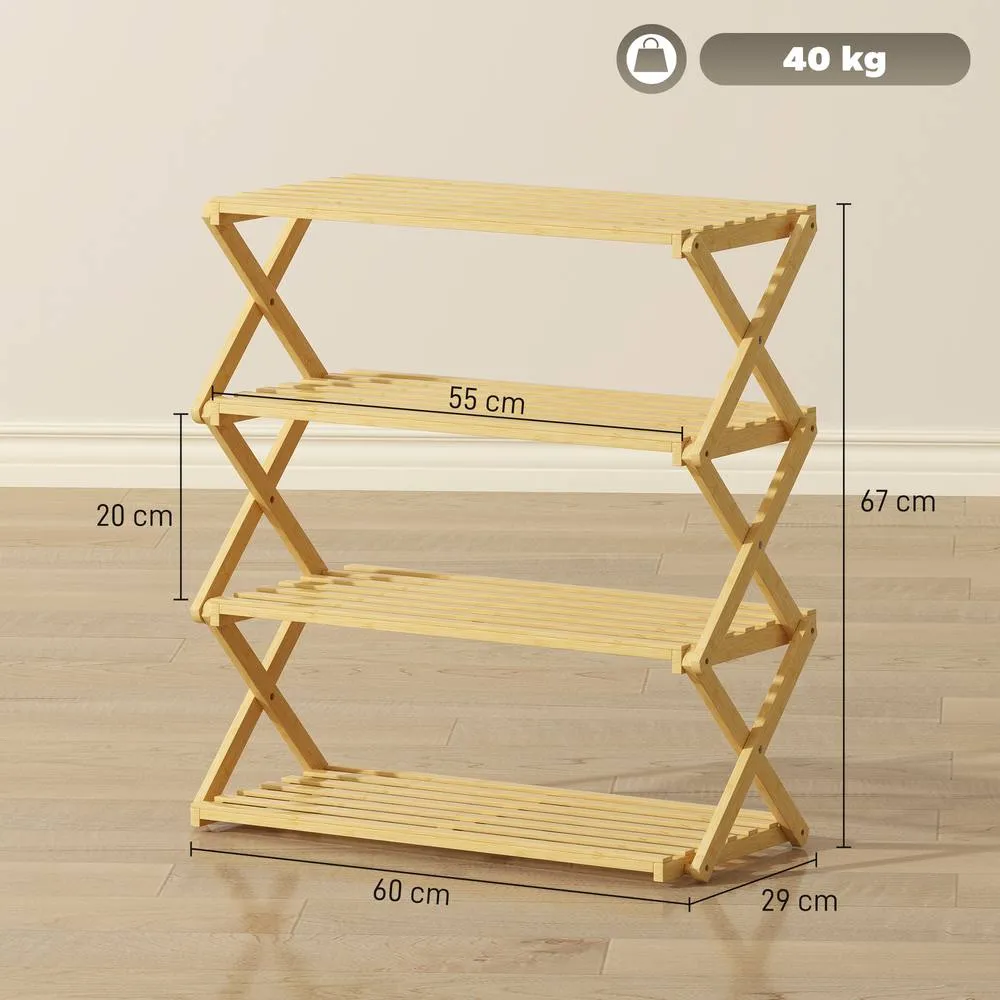HOMCOM 4-Tier Bamboo Shoe Rack, Folding Shoe Shelf, Holds up to 12 Pairs in Natural 3
