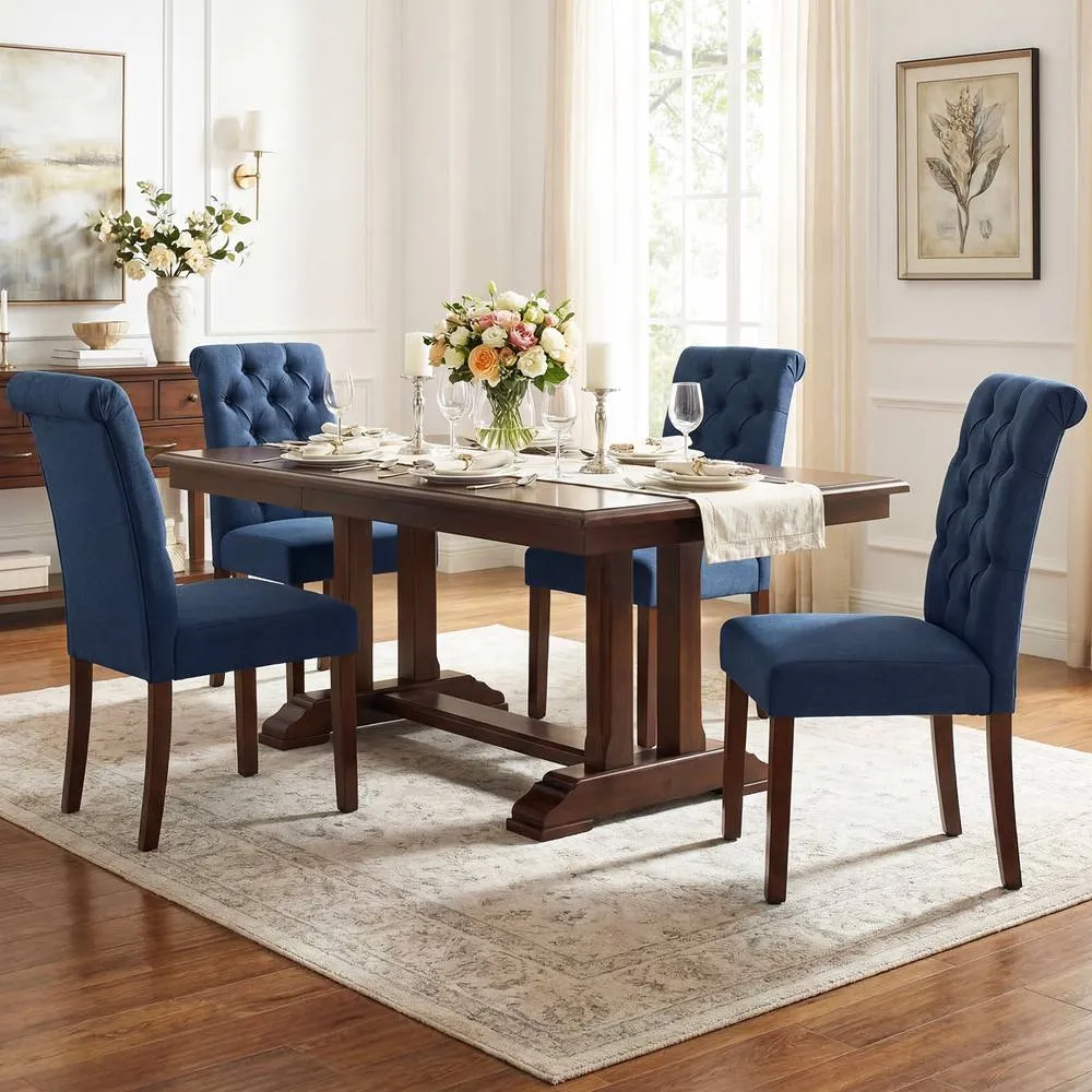 Costway 2PCS Upholstered Dining Chairs Button Tufted Chairs w/Padded Seat in Blue 4