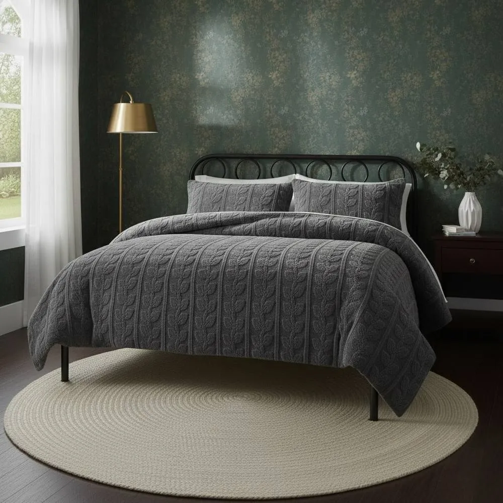 Snug City Ultra Soft Teddy Duvet Cover Set Leaves Embossed Cozy Fleece Bedding in Grey