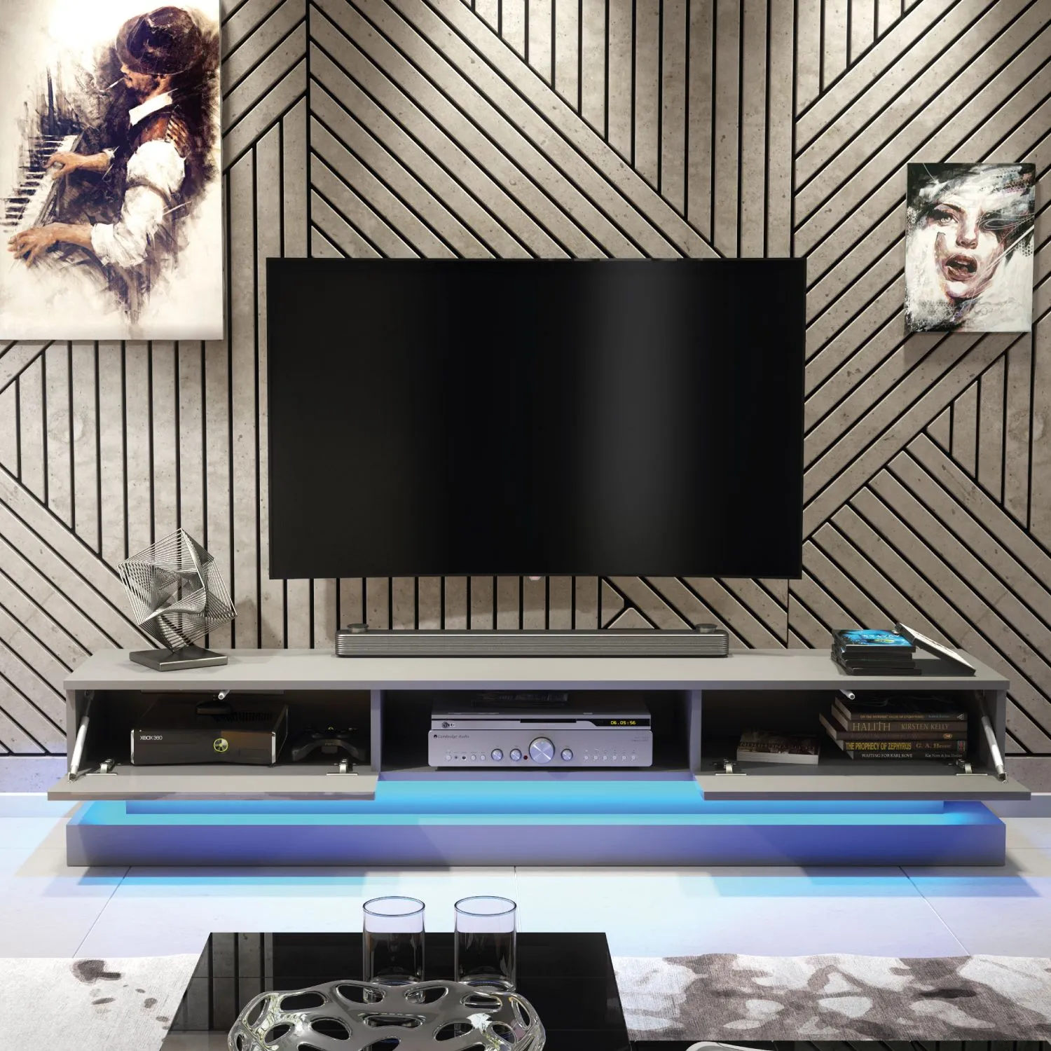 Creative Furniture Bloom TV Unit 180cm - A Functional & Contemporary Cabinet with Gloss Doors & LED Lights in Dark Grey 2