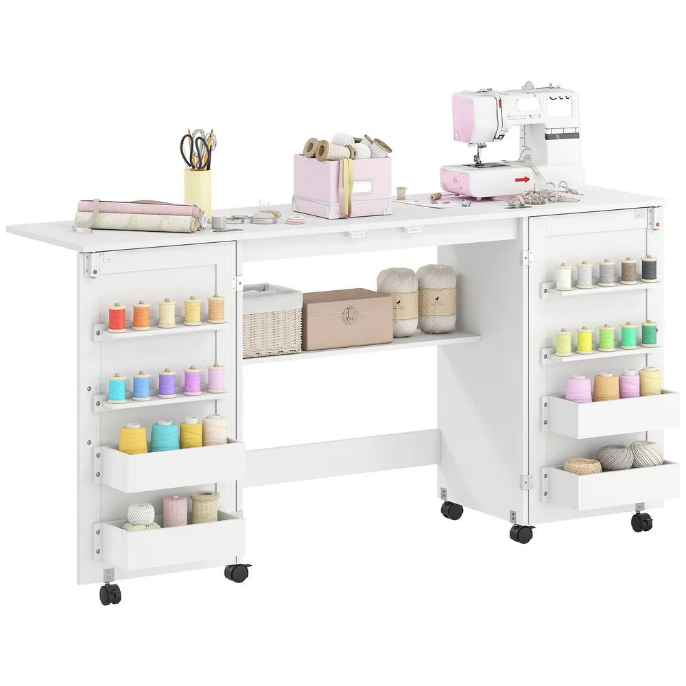 HOMCOM Folding Sewing Table with 2 Magnetic Doors, Storage Shelf, White 2