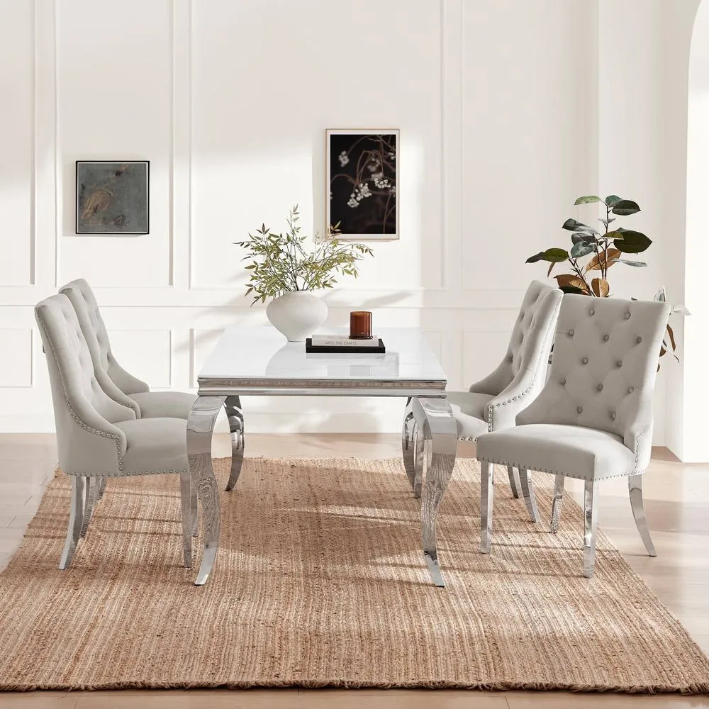 FurnitureboxUK Skye Rectangle Marble Effect Dining Table & 4 Grey Belgravia Chairs in White