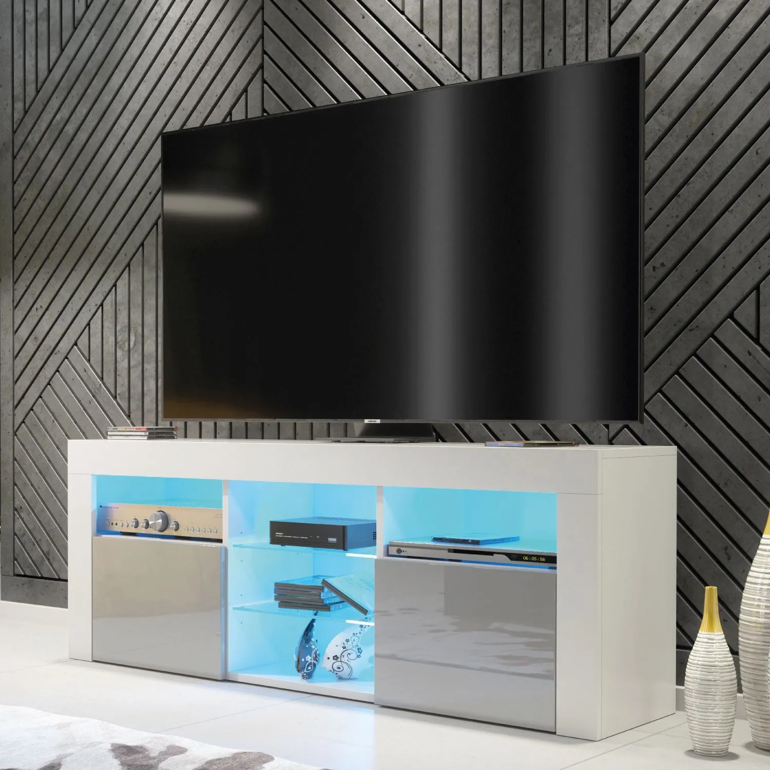 Creative Furniture Pulse TV Unit 145cm - A Stylish & Practical Cabinet with Gloss Doors & LED Lights in Grey