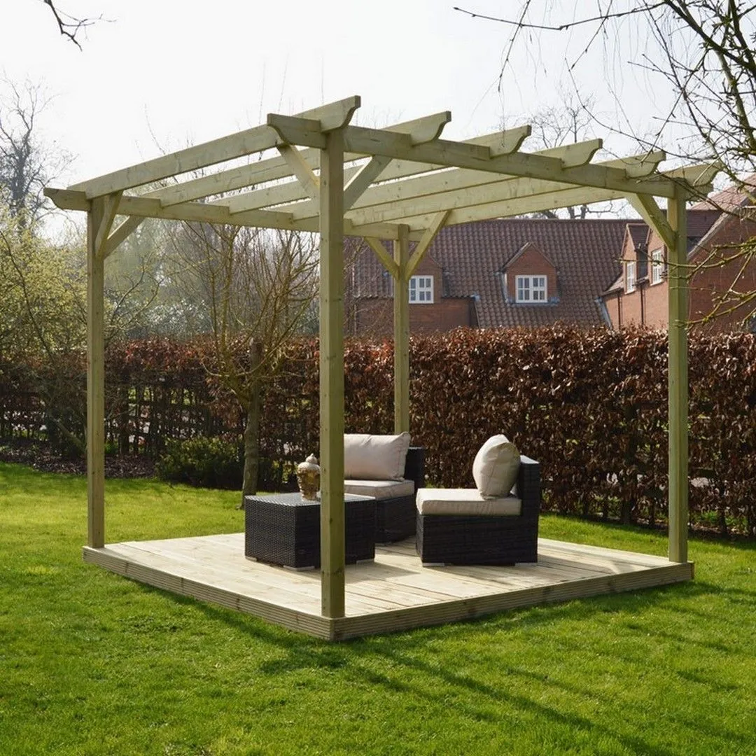 Rutland County Garden Furniture Ltd Garden Pergola & Decking Kit, Wood, L300 x W300 cm, Rustic Brown in Light Green