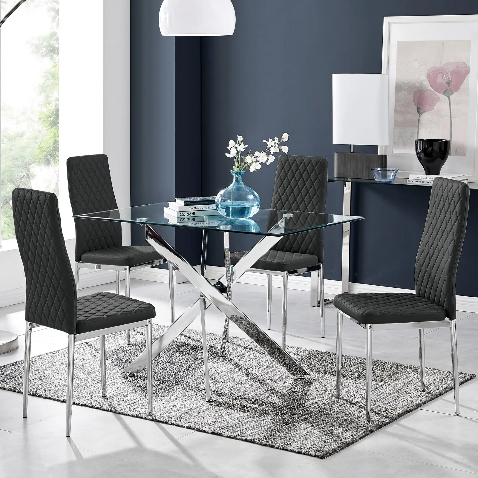 FurnitureboxUK Leonardo Glass & Chrome Metal Dining Table & 4 Milan Chairs Set in Black 1