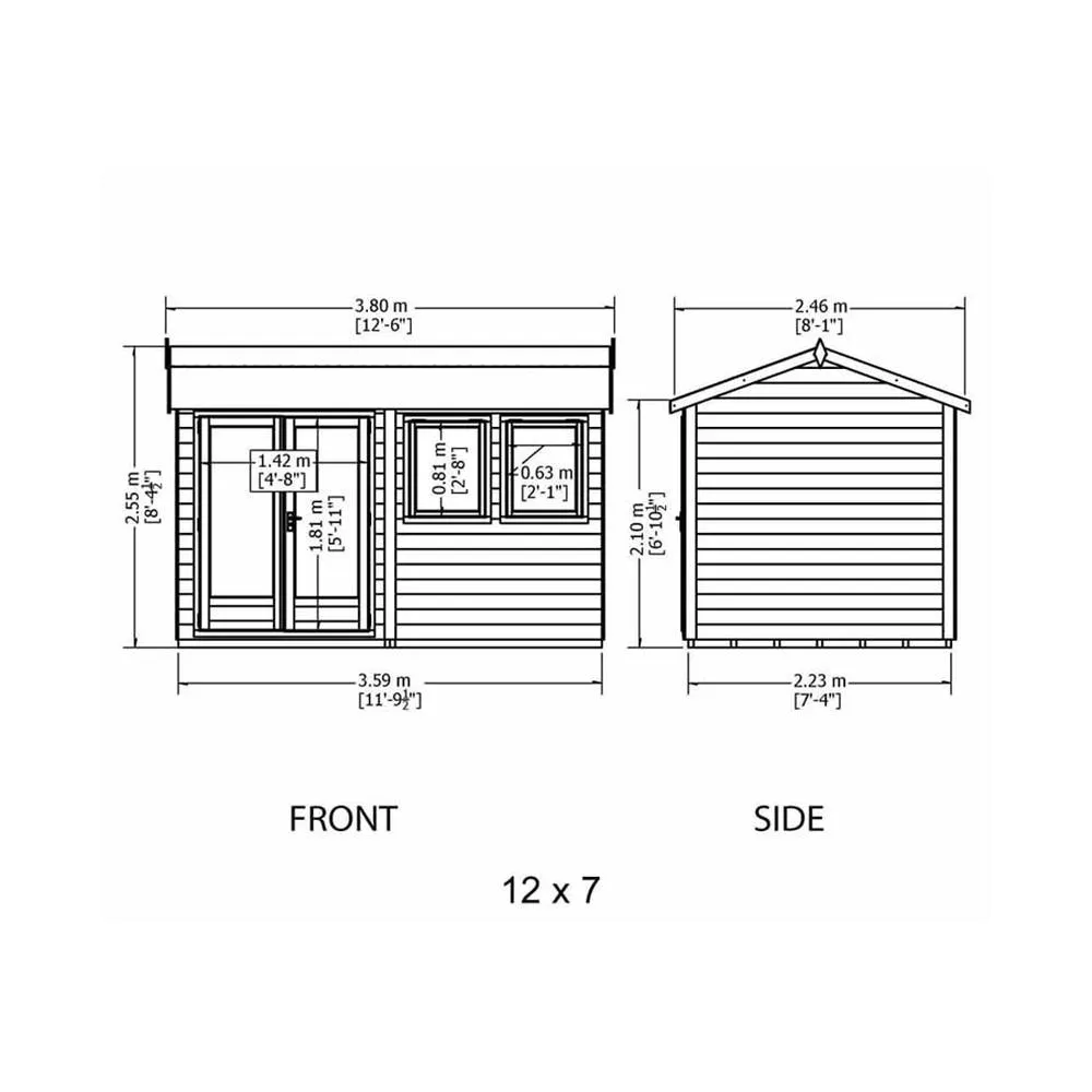 Shires Shire 12x7 ft Double Door with Two Opening Windows Garden Summerhouse in Brown 4