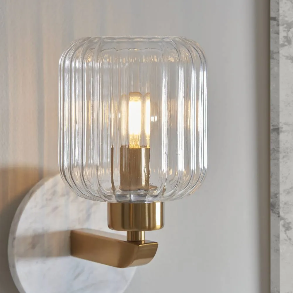 Netlighting Travi Ribbed Wall Lamp White Vintage Brass & Ribbed Glass E14 5