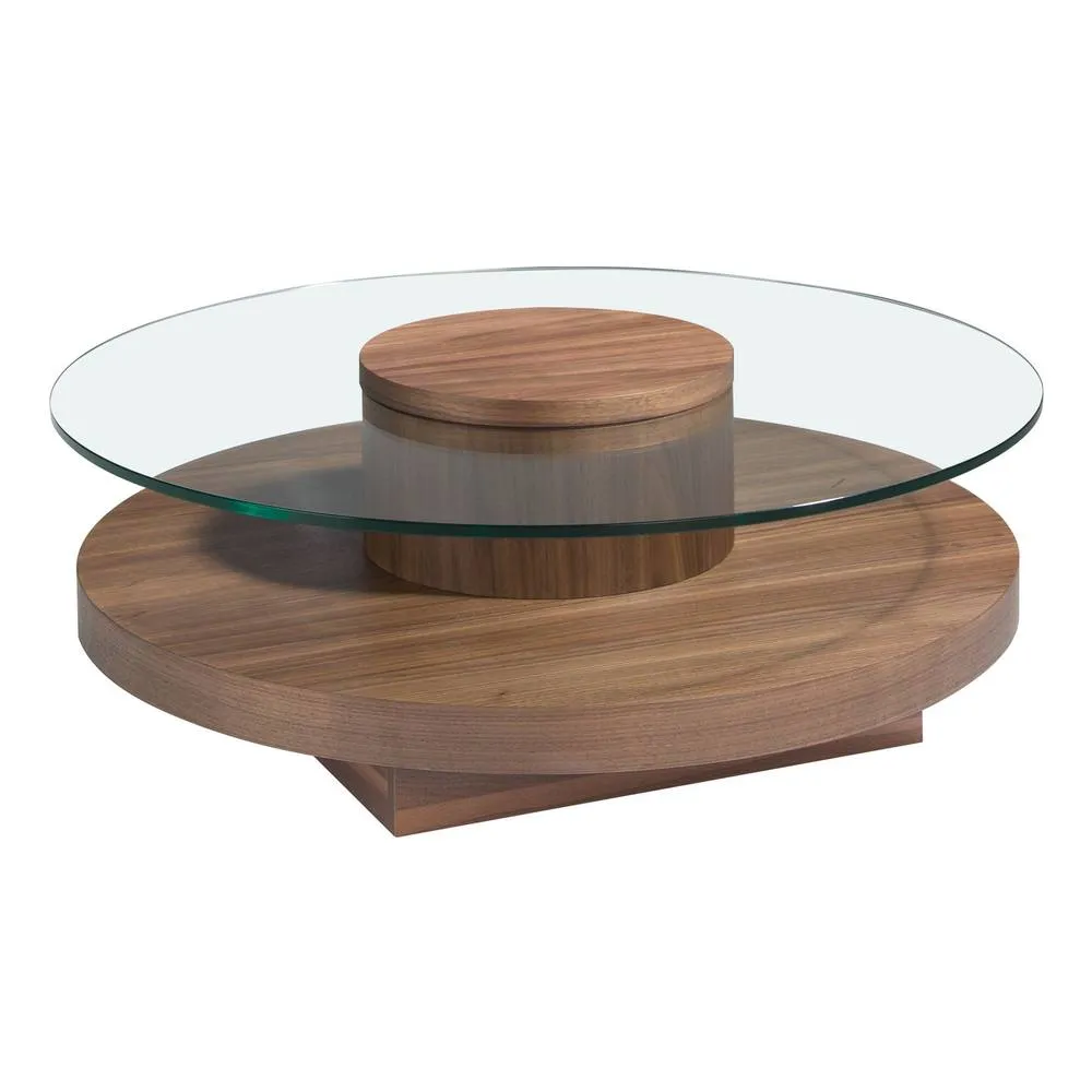 Angel Cerda Round Tempered Glass Coffee Table Walnut Veneer Legs in Brown
