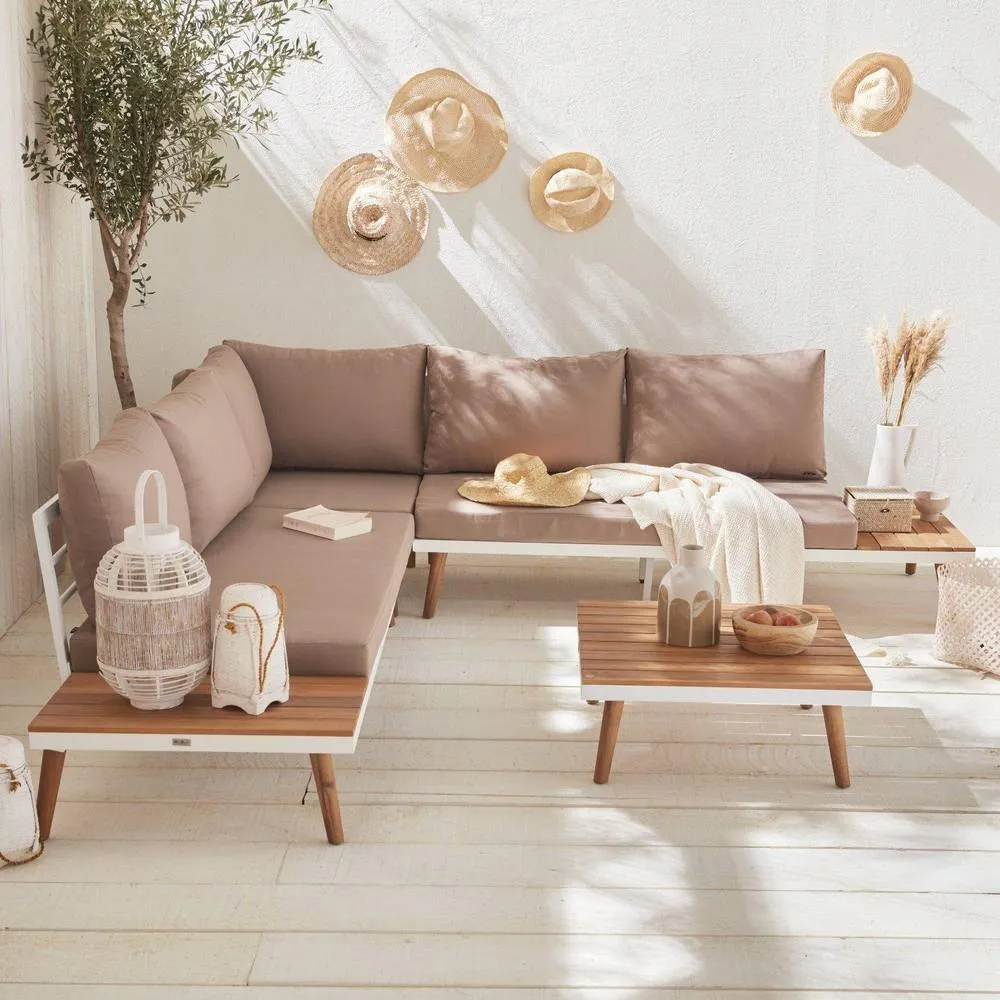 sweeek 5-seater wooden corner garden sofa set in White